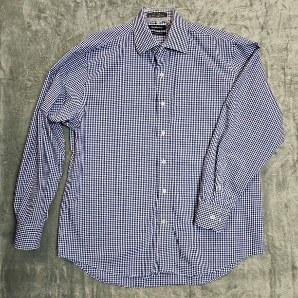 Saks Fifth Avenue blue red white plaid slim fit button front shirt 17  34-35 cot - Picture 1 of 11